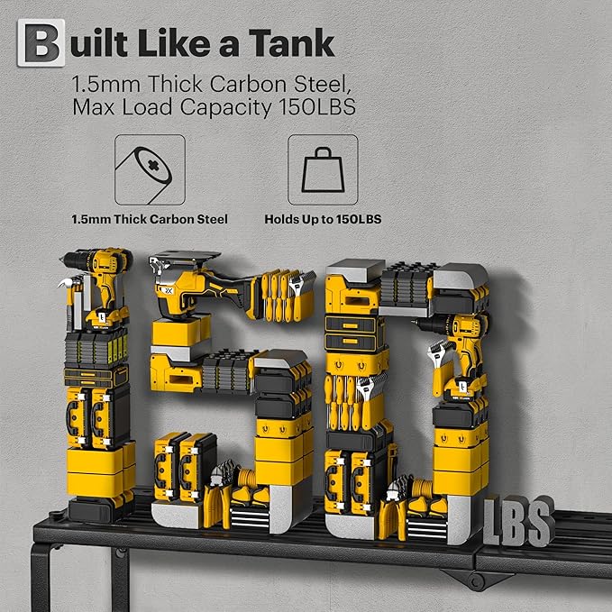 Spampur Power Tool Organizer Wall Mount, 15 Min Assembly & Maximum 100lb load by Heavy Duty Metal, 8 Drill Holder, 3 Layers Garage organization and Storage Rack, Tool Shelf With Battery Holder