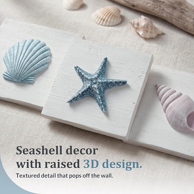 Tide and Tales 3D Beach Wall Art - Seashell with Starfish for Coastal Bathroom Decor, Ocean Inspired Decor for Bathroom, Coastal Bedroom, Living Room or Beach House, Set of 3 (6”x 6”)