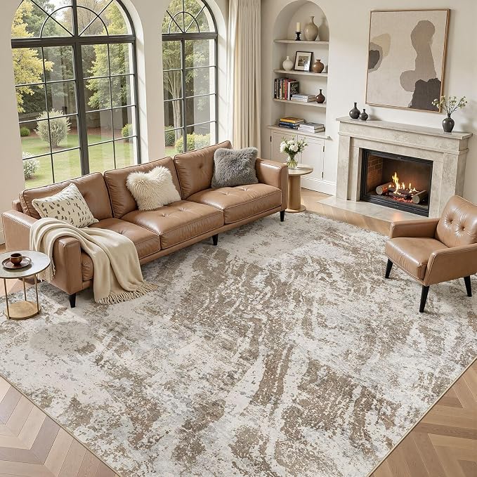 DMOYEST 9x12 Washable Area Rug: Abstract Modern Non-Slip Carpet, Soft Low Pile Indoor Neutral Easy Clean Floor Rugs for Living Room Bedroom Dining Room Kids & Pets - Brown