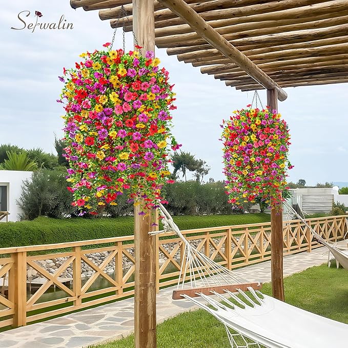 Serwalin Artificial Hanging Flowers for Outdoors, 4PCS UV Resistant Fake Hanging Plants with 101 Blooms, Realistic Weatherproof Outdoor Decor for Patio, Porch, Garden & Window (Summer Colors)