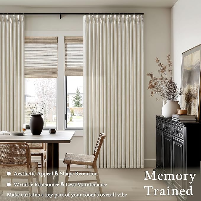 126 Inch Linen Pinch Pleated Curtains 2 Panels for Living Room Bedroom Memory Training Shaped Semi Sheer Beige Light Tan Pinch Pleat Drapes with Hooks Rings Light Filtering Window Curtain 50x126