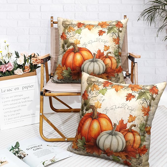 Fall Pillow Covers 18x18 Set of 2 Maple Leaves Pumpkin Pillow Covers Autumn Harvest Pillowcase Thanksgiving Vintage Cushion Case for Home Decor Couch Sofa