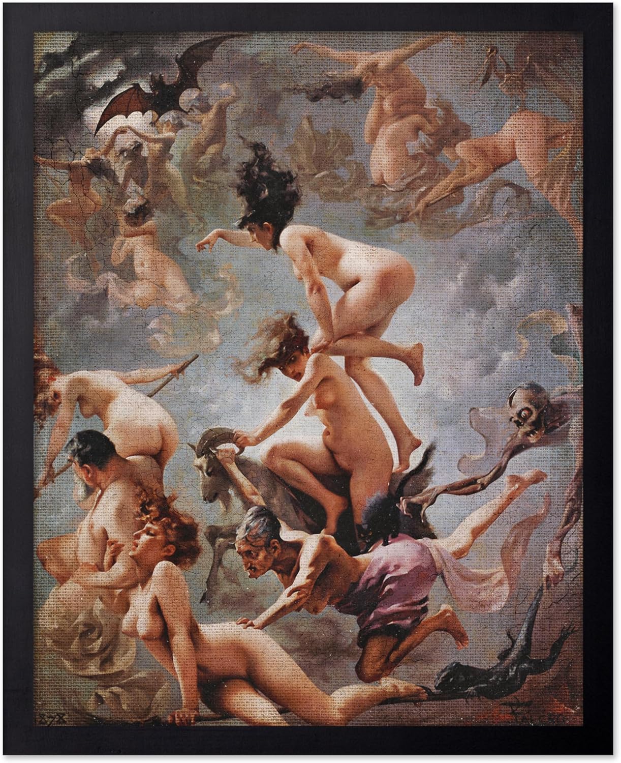 Poster Master Vintage Luis Ricardo Falero Poster - Retro Occult Print - Gift for Gothic, Horror Fan - Witches Going to their Sabbath, Pagan - Wall Decor for Bedroom, Dorm, 8x10 Black Framed