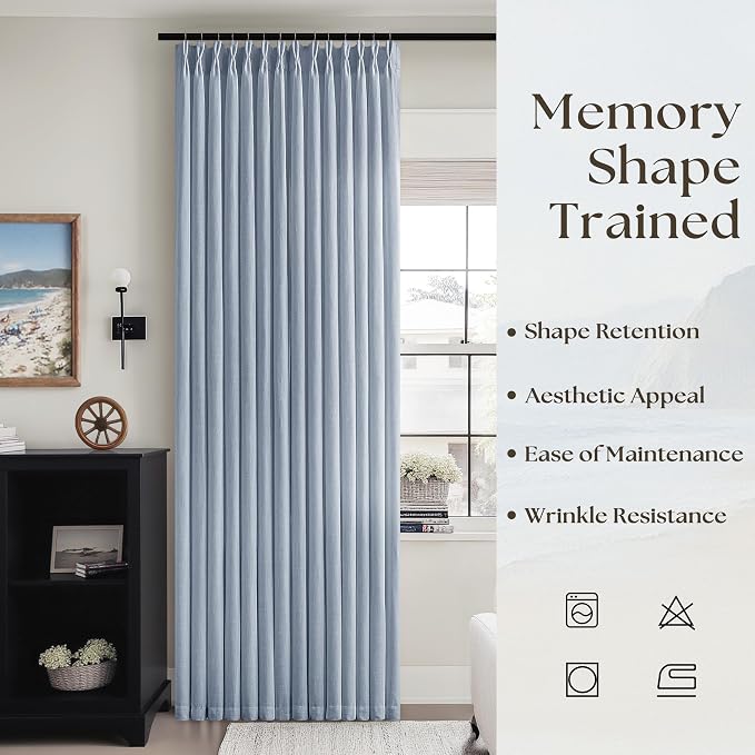 Pinch Pleated Dusty Blue Linen Curtains 108 Inches Long for Living Dining Room with Hooks Rings Back Tab Pinch Pleat Drapes Extra Long Light Filtering 108 Inch Curtains for Bedroom 9FT 2 Panels