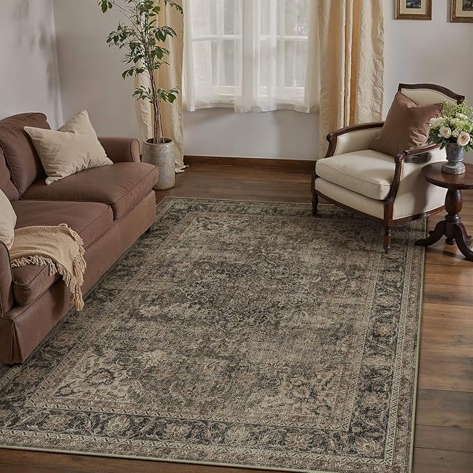 4x6 Washable Area Rug Brown Vintage Non Slip Soft Low Pile Rug for Entryway Kitchen Bathroom Distressed Oriental Throw Carpet for Living Room Bedroom Home Decor