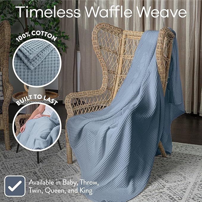 Comfy Cubs 100% Cotton Waffle Weave Throw Blanket Breathable Skin-Friendly Soft Lightweight Blankets - Perfect Warm Textured Blanket Layer - Size for Couch Bed & Sofa (Pacific Blue, 50" X 60")