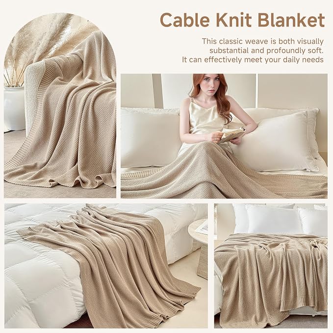 Simple&Opulence 100% Cotton Blanket King Size, Solid Color Cable Knitted Blanket Super Soft Comfortable Breathable Decorative Farmhouse for Couch Sofa Bed, All Season Use(Light Khaki,104x90)