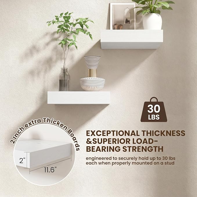 FLYJOE 12 Inch Floating Shelves, White Square Floating Shelves Set of 2, 12''W x 12''D Wood Shelves for Wall, Deep Shelves for Bathroom Living Room, Engineered Wood, Mounting Hardware Included