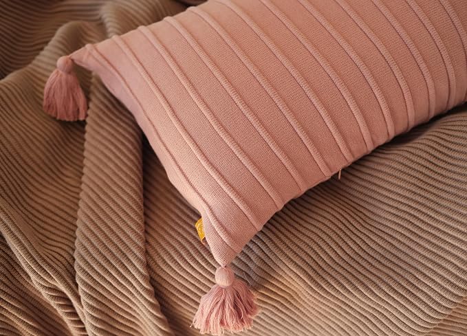 Pink Clay Ribbed Lumbar Pillow Cover – 14x36 Cotton Knit with Tassels, Earthy Blush Accent for Sofa, Bench, or Bed