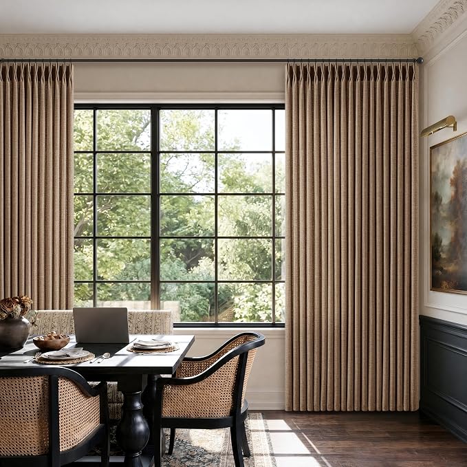 Pleated Rust Brown Linen Curtains 90 Inch 2 Panels Set Vintage Retro Semi Sheer Memory Shaped Burlap Drapes with Back Tab Hooks Rings Tan Pinch Pleat Living Room Bedroom Curtains 90 Inches Length