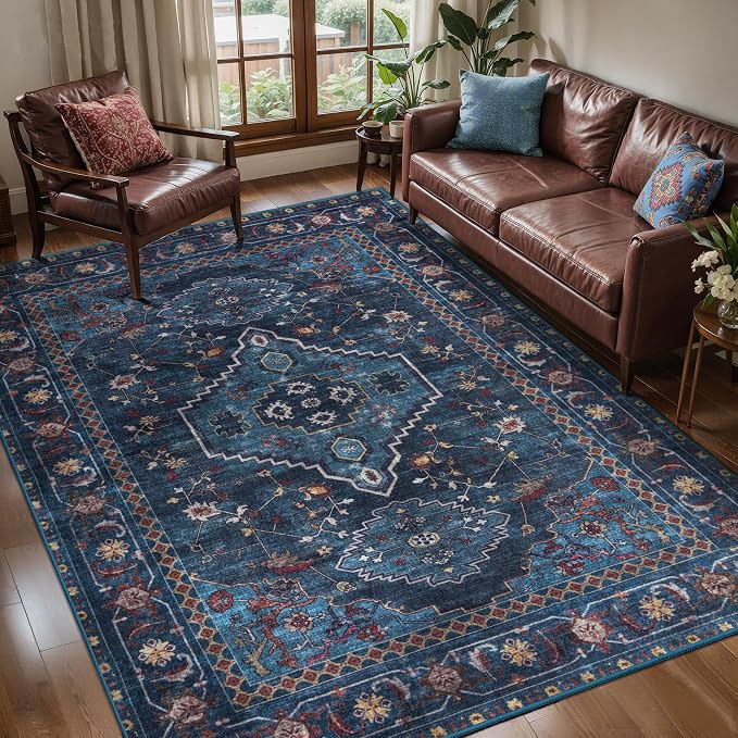 Tangsoo Vintage 4X6 Washable Area Rug, Blue Oriental Indoor for Living Room, Non Slip Machine Washable Large Tumble Rugs, Soft Print Carpet for Bedroom Dining Room Dorm Office Home Decor