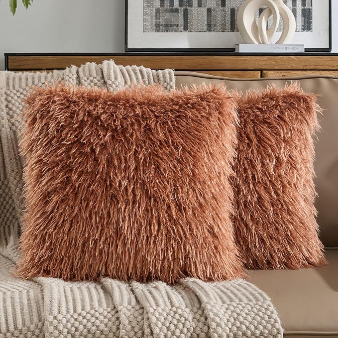 FUTEI Pack of 2 Shaggy Mongolian Faux Wool Throw Pillow Covers 18x18 Inch Soft Decorative Cushion Case for Couch Bed Living Room, Rust