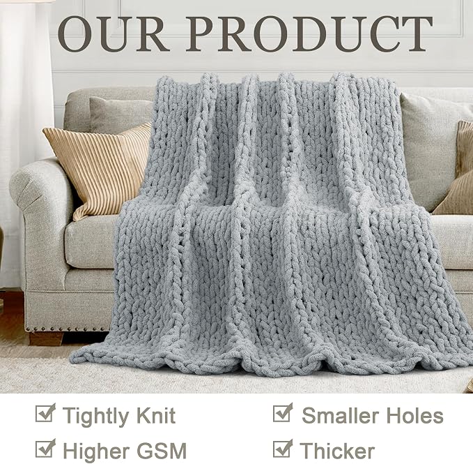 Chunky Knit Throw Blanket 60x80, 100% Handmade Chenille Yarn | 6.7lbs Soft Thick Cable Knitted Blankets, Large Rope Knot Crochet Throws for Couch Sofa Bed Machine Washable, Grey