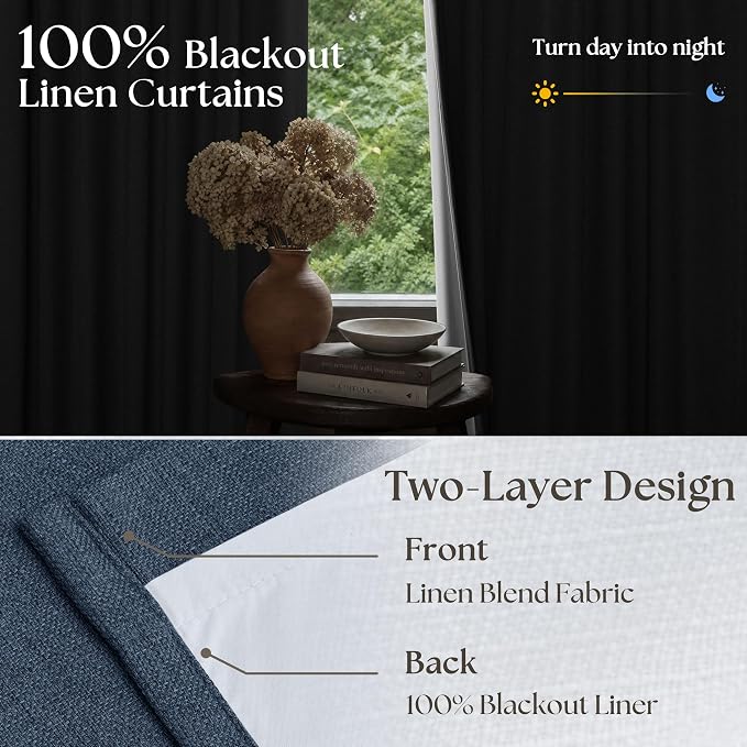 Navy Blue 84 Inch Pinch Pleated Blackout Textured Linen Curtains for Bedroom 2 Panels Memory Trained 100% Black Out Room Darkening Window Curtains Double Layer Pinch Pleat Drapes