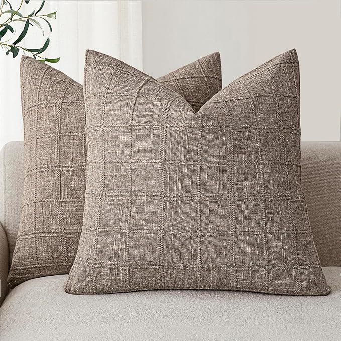 Foindtower Set of 2 Decorative Linen Check Throw Pillow Covers Neutral Farmhouse Vintage Cushion Covers Modern Boho Home Decor for Sofa Chair Couch Bedroom Living Room,26×26 Inch,Tan Taupe