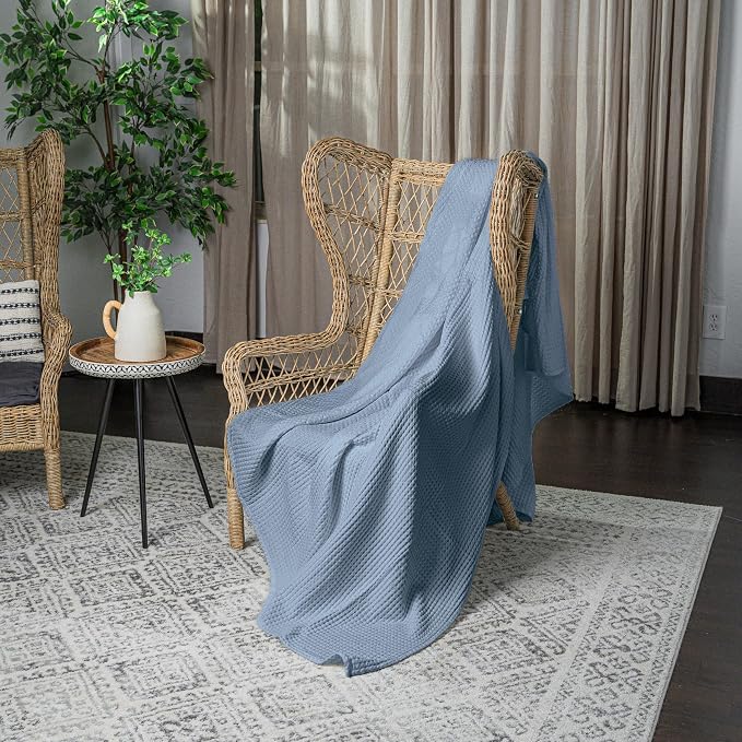 Comfy Cubs Waffle Blanket Twin, 90" x 66" - 100% Cotton Lightweight Breathable Bed Blanket - Soft Textured Thermal Weave for All Seasons – Decorative Cozy Layer for Couch, Sofa, or Bed - Pacific Blue