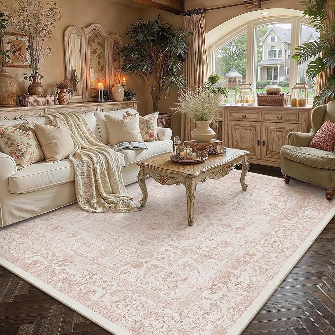 PureCozy Pink Area Rug 7x9 Machine Washable Vintage Living Room Distressed Non Slip Carpet Traditional Indoor Bedroom Retro Floral Accent Throw Large Rug for Office Kitchen Dining Room