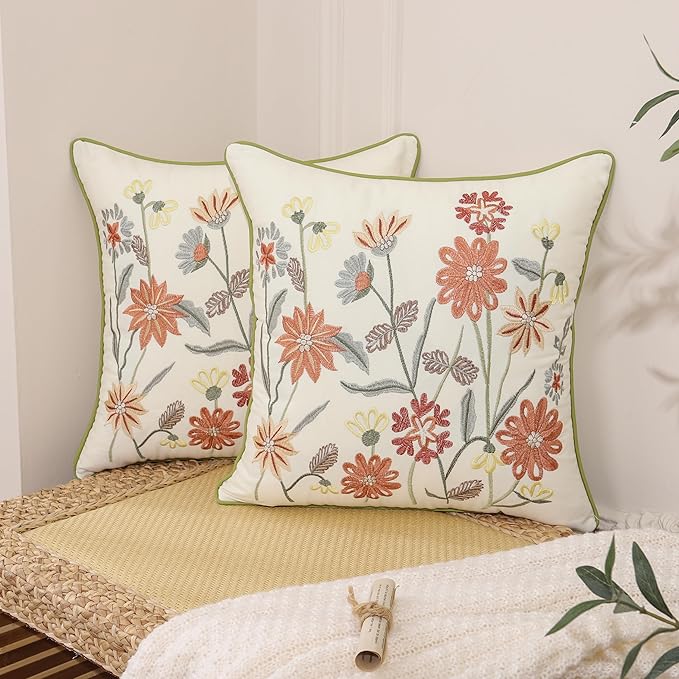 Orange Floral Pillow Covers 18x18 Pack of 2 Embroidered Throw Pillow Covers Vintage Flowers Farmhouse Pillow Cushion Cases Spring Summer Decorative Pillowcases Home Decor Square Pillow Case