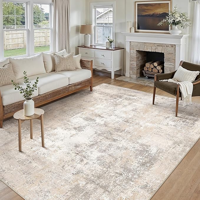 6x9 Washable Area Rug Beige Grey Abstract Living Room Bedroom Throw Rug Neutral Modern Non Slip Medium Pile Thicker Indoor Carpet for Dining Room Office Entryway