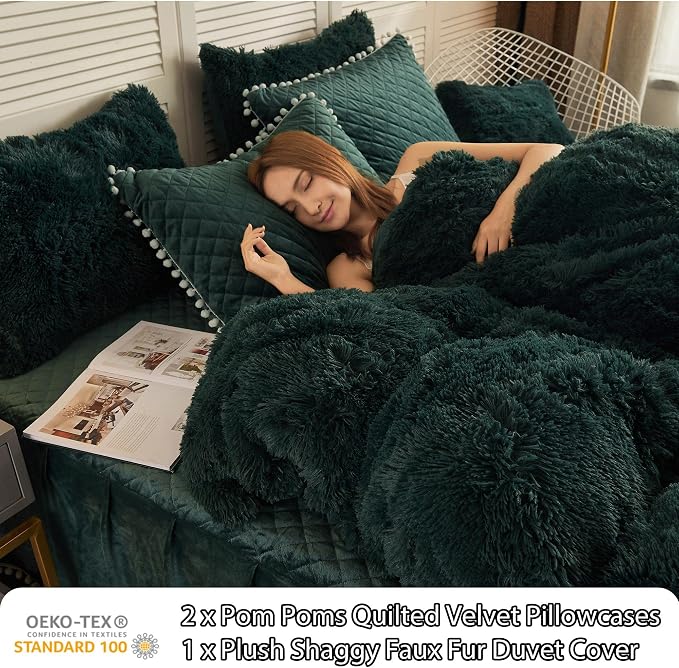 LIFEREVO Luxury Plush Shaggy Duvet Cover Set, Ultra Soft Fluffy Furry Duvet Cover Set(1 Faux Fur Fuzzy Comforter Cover + 2 Pom Poms Velvet Pillow Shams) Bedding Set, Zipper Closure(King, Dark Green)