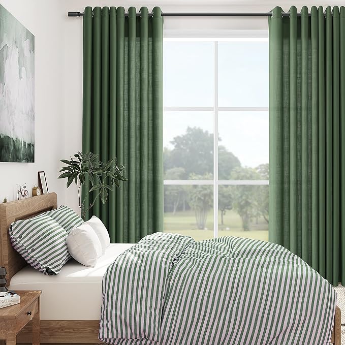 Nanspring Olive Green Linen Curtains 84 Inch Length for Living Room 2 Panels Grommet Design Semi Sheer Light Filtering Curtain Country Farmhouse Modern Drapes for Living Room Bedroom Office 52x84