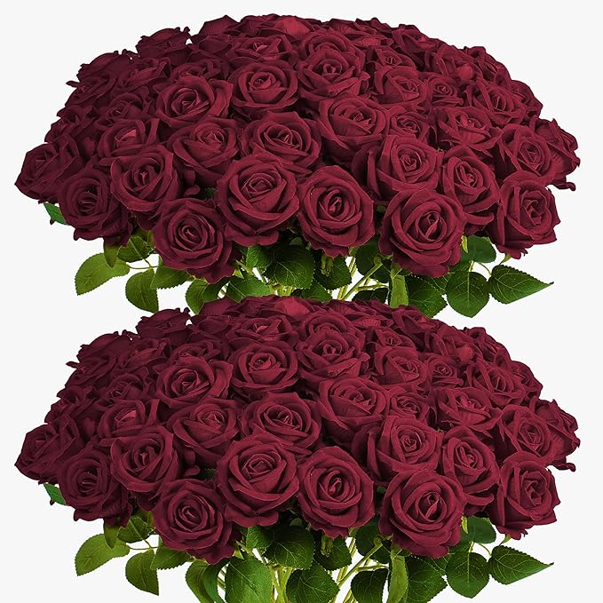 Auihiay 60PCS Burgundy Artificial Roses Bulk, Velvet Silk Fake Roses, Lifelike Burgundy Faux Rose for Valentine's Day, Wedding Centerpieces, Cake, Bridal Bouquets, Anniversary, Home Decorations
