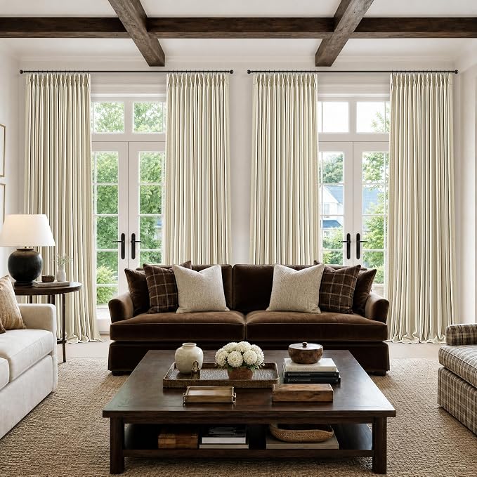 Pinch Pleated Linen Curtains 112 Inch Length 2 Panels Boho Rustic Light Filtering Thick Flax Linen Pleat Curtains for Sliding Patio Door Cream Beige Semi Sheer Privacy Living Room Drapes