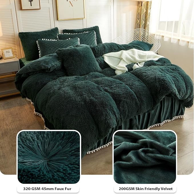 LIFEREVO Luxury Plush Shaggy Duvet Cover Set, Ultra Soft Fluffy Furry Duvet Cover Set(1 Faux Fur Fuzzy Comforter Cover + 2 Pom Poms Velvet Pillow Shams) Bedding Set, Zipper Closure(King, Dark Green)