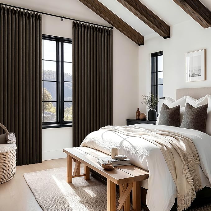Chocolate Brown 84 Inch Blackout Pinch Pleated Curtains 2 Panels for Living Room Darkening Thick Linen Textured 100% Black Out Pinch Pleat Light Blocking Noise Reducing Bedroom Drapes 84 Inches Long