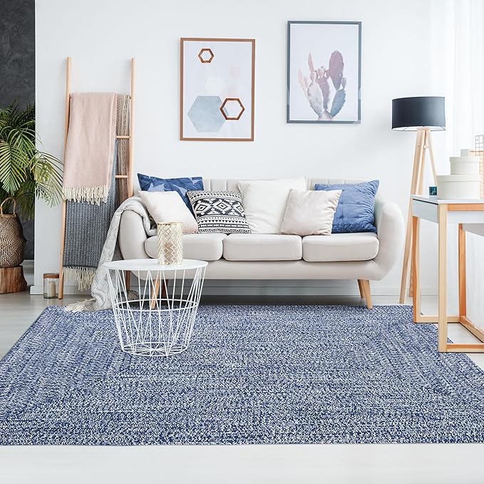 Superior Large Indoor/Outdoor Area Rug, Multi-Tone Reversible Braided Floor Decor for Patio, Front Porch, Entryway, Living Room, Office, Nursery, Artistic Home, 8' x 10', Denim Blue-White