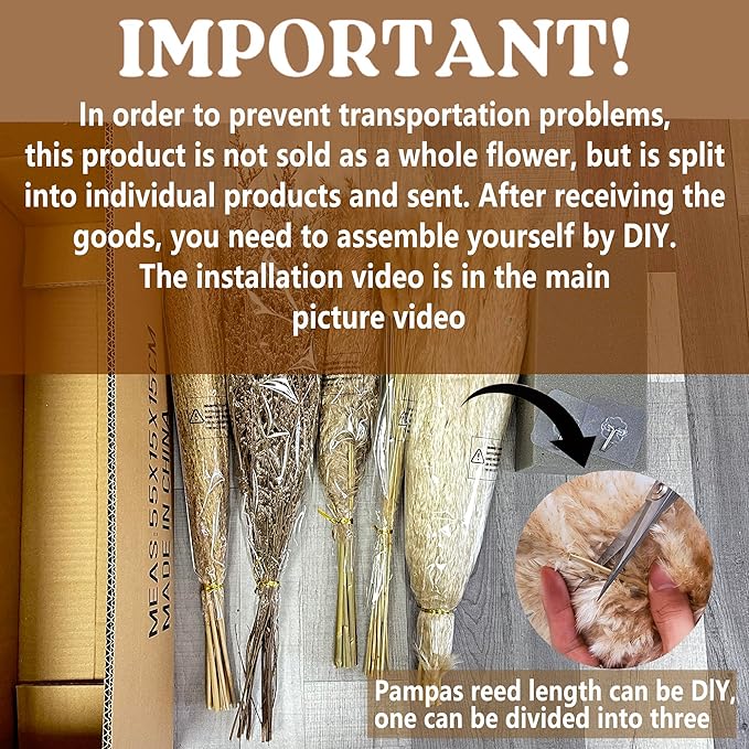 Natural Boho Pampas Grass Wall Hanging Decor - 35" Tall Dried Flowers for Home, Wedding, Rustic Farmhouse Decor