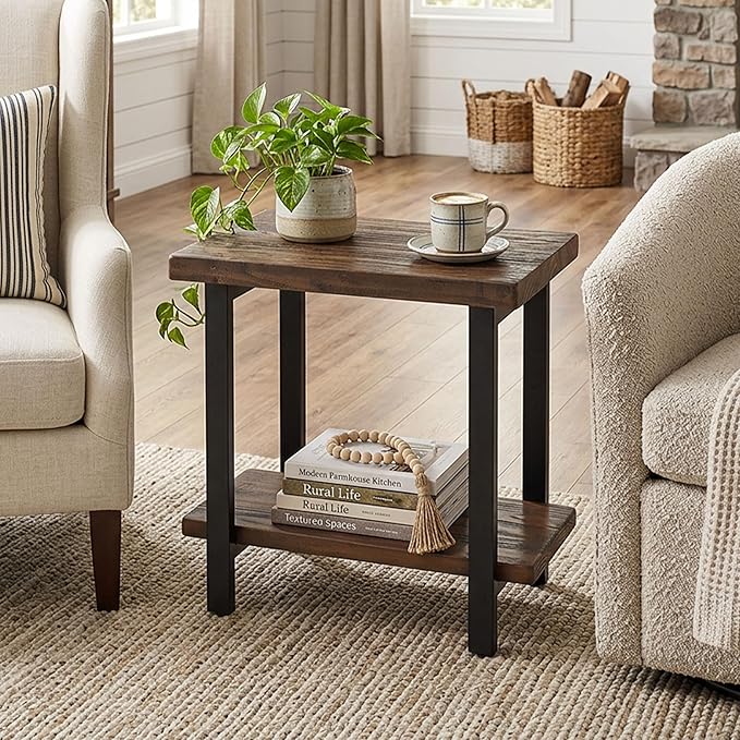 Alaterre Furniture Pomona Solid Wood 2-Tier End Table, Rustic Brown, 27” | Side Table or Nightstand with Storage Shelf and Metal Legs, Industrial Farmhouse Chair Side Table for Living Room or Bedroom