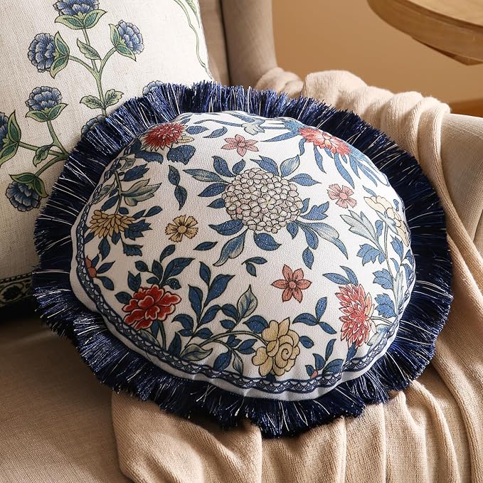patdrea Vintage Linen Throw Pillow Cover,Diameter 16",Set of 2-Ivar A | French Decorative Pillow Case,Chinoiserie Blue Floral Print Pillow Cover for Couch Living Room Bedroom,Fringe Trim