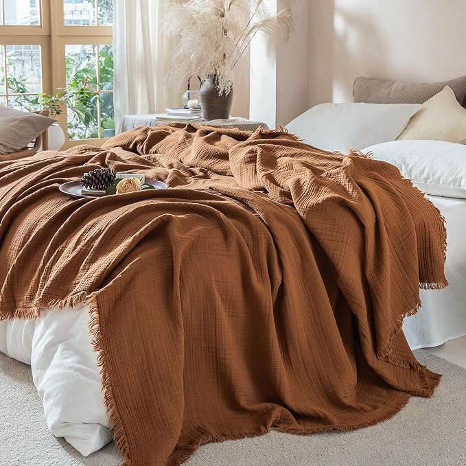 Muslin Fringe Blankets for Adults: 100% Cotton Cloud Soft | 4-Layer Gauze Breathable Lightweight All Season Throw Blanket for Bed Couch Sofa Office