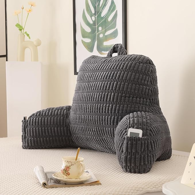 Large Reading Pillow for Sitting Up with Arms,Gray Corduroy | Back Pillow for Adults Backrest,19" Sitting Pillow Supports Reading,Gaming & Relaxing in Bed,Couch,Floor Corners