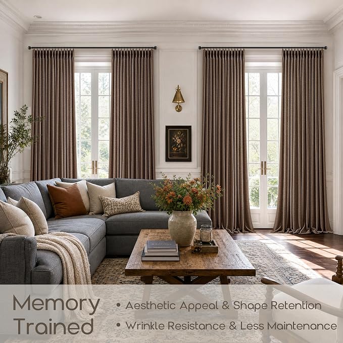 120 Inch Pinch Pleated Curtains Dark Chocolate Light Filter Semi Sheer Memory Trained High Ceiling Drapes with Back Tab Rings Extra Long Tall Pinch Pleat Vintage Brown Curtains 120 Inches Long