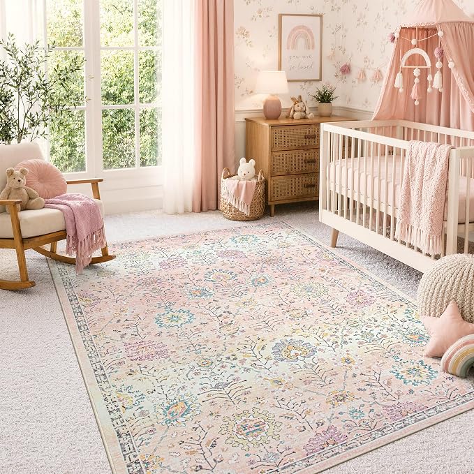 Lahome Pink Rug for Girls Bedroom 5x7, Soft Washable Floral Dorm Rug, Boho Non Slip Pastel Classroom Carpect for Dorm Room, Kids Room, Nursery and Playroom