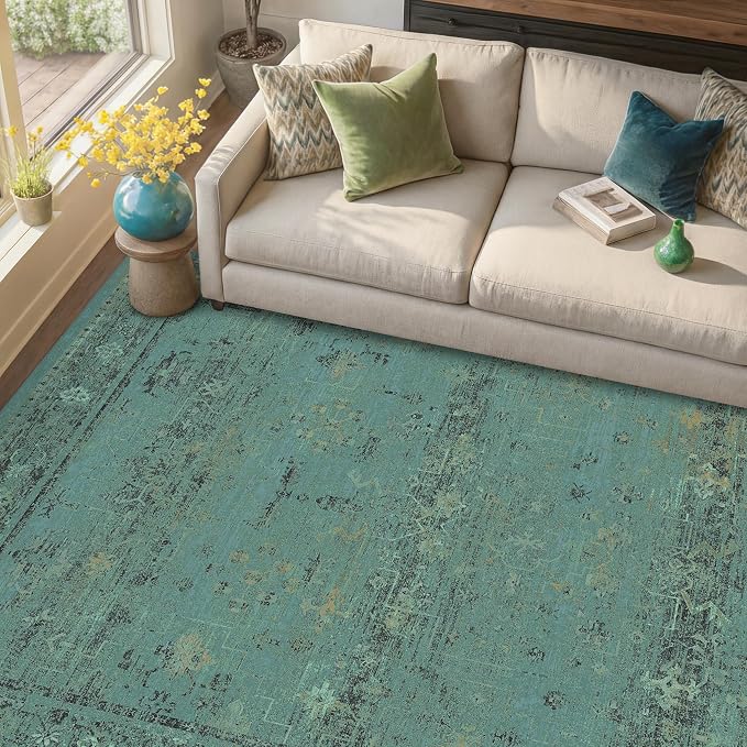 Turquoise Green 10x14 Washable Extra Large Area Rug for Living Room, Non Slip Low Pile Vintage Boho Carpet, Distressed Teal Geometric Rug for Dining Room, Bedroom, Farmhouse Home Décor