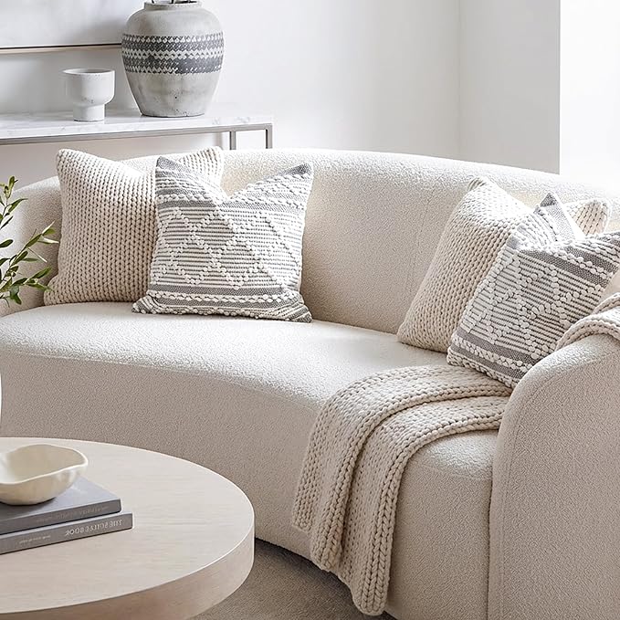 BlissBlush Gray White Decorative Throw Pillow Cover 22X22, Boho Accent Pillow for Couch, Square Modern Farmhouse Pillowcase for Living Room Couch Sofa Cushion Home Décor (Pack of 1)