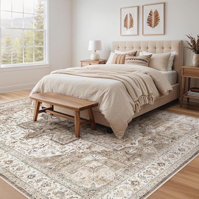 Tortania Area Rug Living Room Rugs - 8x10 Washable Boho Rug Vintage Oriental Distressed Farmhouse Large Thin Indoor Carpet for Living Room Bedroom Under Dining Table Home Office - Brown