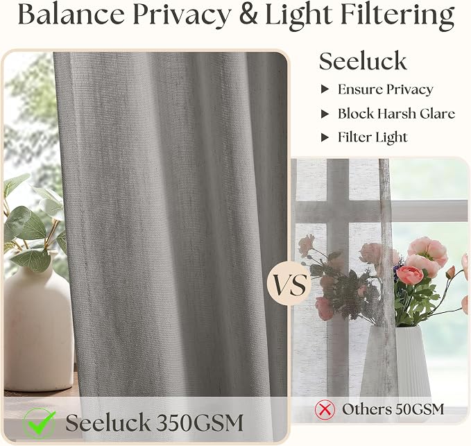 Grey Linen Curtains 96 Inches Long Memory Shape Trained Pinch Pleated Curtain for Living Room with Hooks Rings Back Tab Pinch Pleat Curtains 96 Inch Length for Boho Bedroom Dining Room Dove Gray