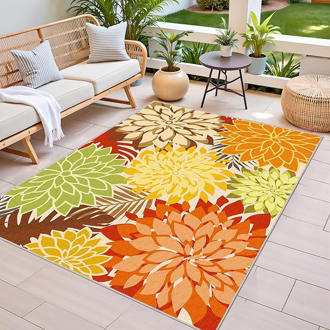Colorful 8x10 Outdoor Area Rug Washable Multicolored Patio Rug Tropical Botanical Floral Chenille Waterproof Outdoor Carpet Non-Slip for Deck, Backyard, Porch, Orange
