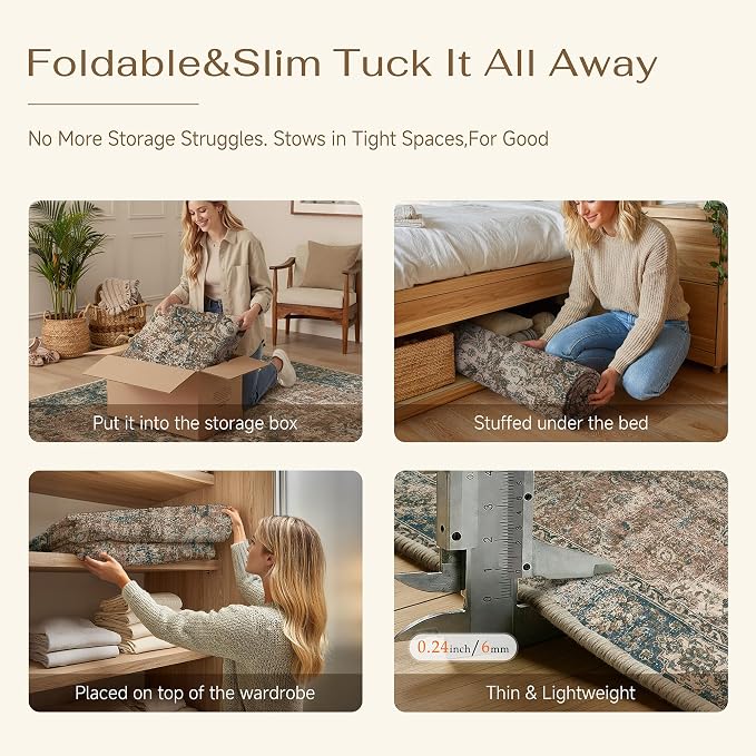 HUGEAR 2x6 Runner Rug Hallway Machine Washable Retro Blue Brown Vintage Floral Low Pile Carpet Distressed Long Throw Rug Bedroom Office Bathroom Kitchen Laundry Non Slip Soft Lightweight