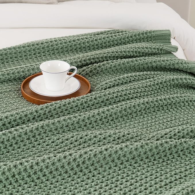 Bunnikins & Clover Knitted Waffle Throw Blanket 60x80 Inches, Sage Green Throw Blanket for Couch, Soft Cozy Chenille Knit Blanket Warm Decorative Throw for Sofa