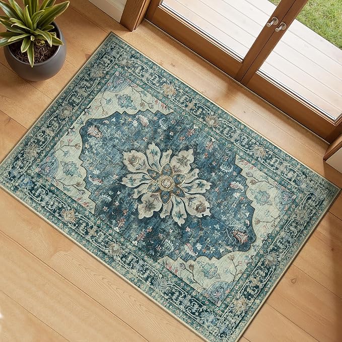 RELEANY Area Rugs 2'6''x4' Kitchen Rugs Entry Rug Small Rugs for Entryway Kitchen Bathroom Door Mat Indoor Entrance,Washable Non Slip, Dark Blue Vintage