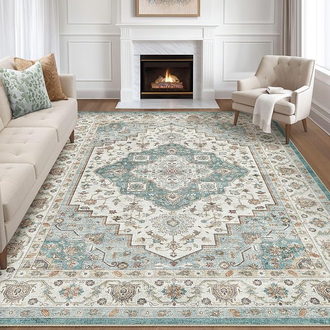 9x12 Area Rug Living Room: Washable Boho Large Neutral Vintage Soft Rug Stain Resistant Farmhouse Non-Slip Indoor Floor Carpet for Bedroom Nursery Kids Playroom Office Dining Room Home- Teal Brown