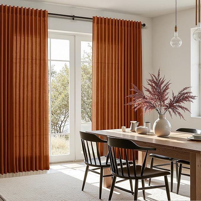 Nanspring Rust Linen Curtains 96 Inches Long for Living Room Light Filtering Semi Sheer Curtain Back Tab Rod Pocket Vintage Rustic Luxury Home Decor Drapes for Bedroom Office 52x96, 2 Panels