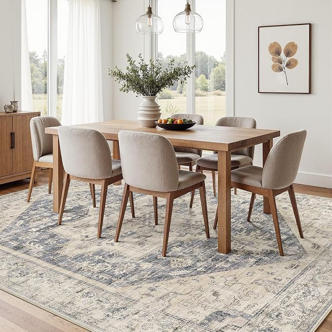 8x10 Area Rugs for Living Room - Large Carpet Ultra Thin Soft Washable Oriental Vintage Floral Distressed Big Indoor Carpets for Bedroom Nursery Dorm Home Decor Aesthetic - Blue Beige