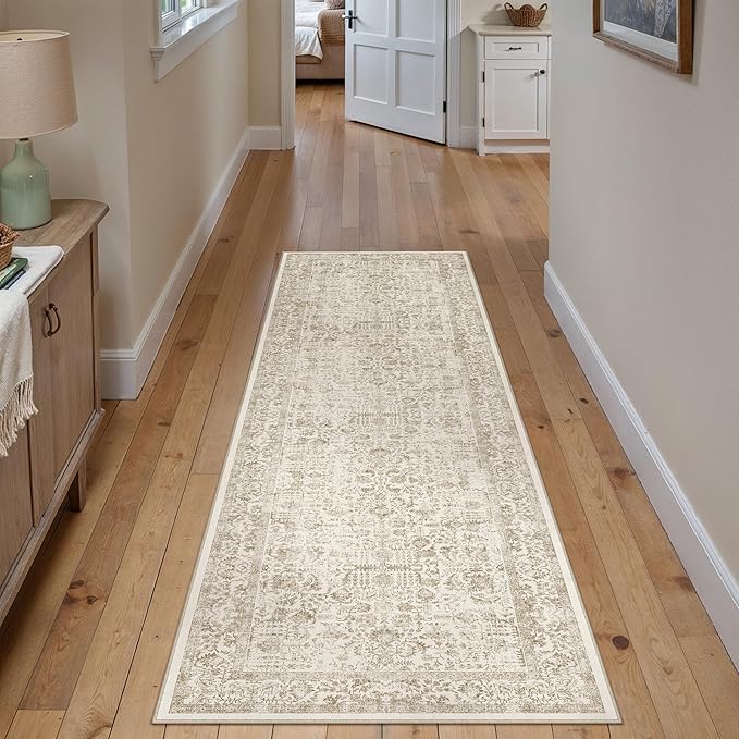 PureCozy Light Brown Runner Rug 2'6"x8' Washable Carpet for Hallway Kitchen Vintage Distressed Non Slip Indoor Retro Floral Bedroom Accent Throw Long Rug Bathroom Office Laundry Dining Living Room