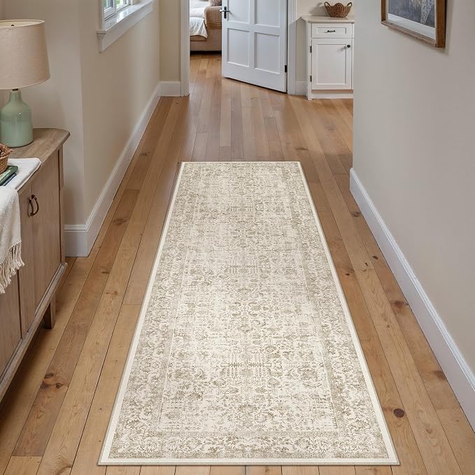 PureCozy Light Brown Runner Rug 2x6 Hallway Machine Washable Kitchen Vintage Distressed Non Slip Long Carpet Indoor Retro Floral Bedroom Accent Throw Rug for Bathroom Office Laundry Dining Room